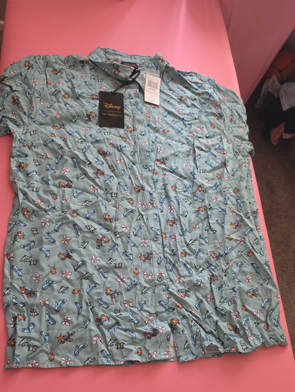 Disney Unisex Light Aqua Short-Sleeve Button-Down Shirt Cinderella Slippers Bow